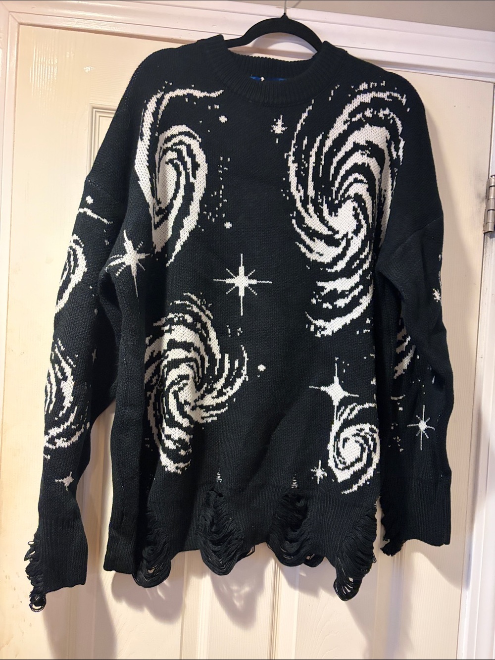 Aelfric Eden Galaxy Crewneck Sweater with Distressed Hem in Black L
